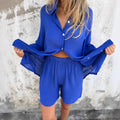 Damen legeres Baumwoll-Shorts-Set mit oversized Hemd und elastischem Bund EB
