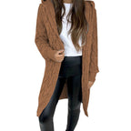 Damen Langer Strickmantel mit strukturiertem Zopfdesign und praktischer Kapuze EB