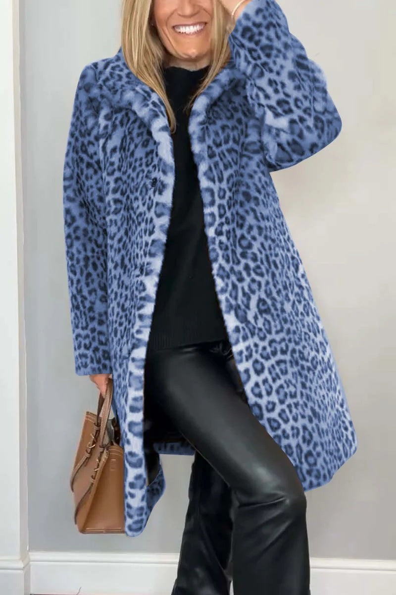 Damen Luxuriöser Teddy-Mantel mit Leopardenmuster und weichem Fleece EB