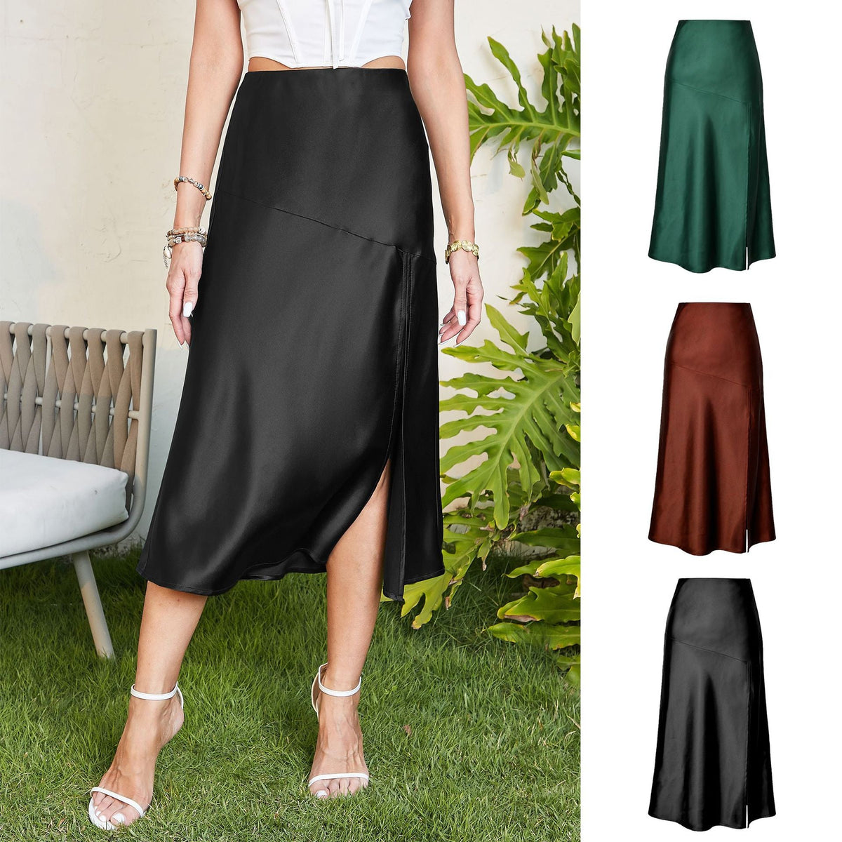 Damen eleganter Midirock aus satinierter Viskose EB
