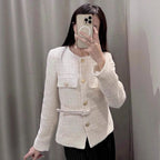 Damen elegante Tweed-Jacke mit doppelter Knopfleiste und praktischen Taschen EB