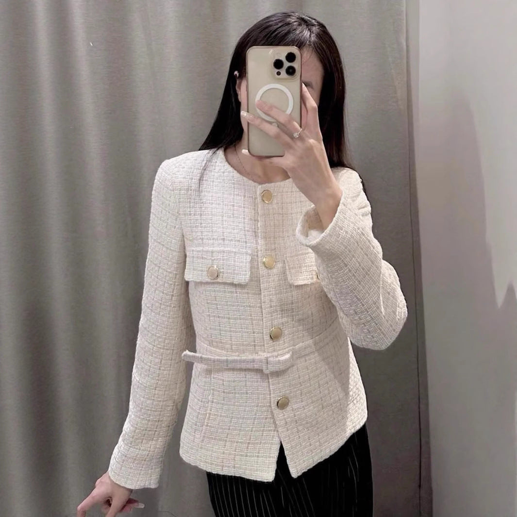 Damen elegante Tweed-Jacke mit doppelter Knopfleiste und praktischen Taschen EB