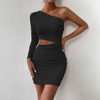 Damen Bodycon Kleid mit asymmetrischem Ausschnitt und Raffungen EB