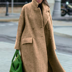 Damen nan Cape-ähnlicher doppelreihiger Wollmantel mit weitem Fall, hohem Stehkragen und Pattentaschen EB