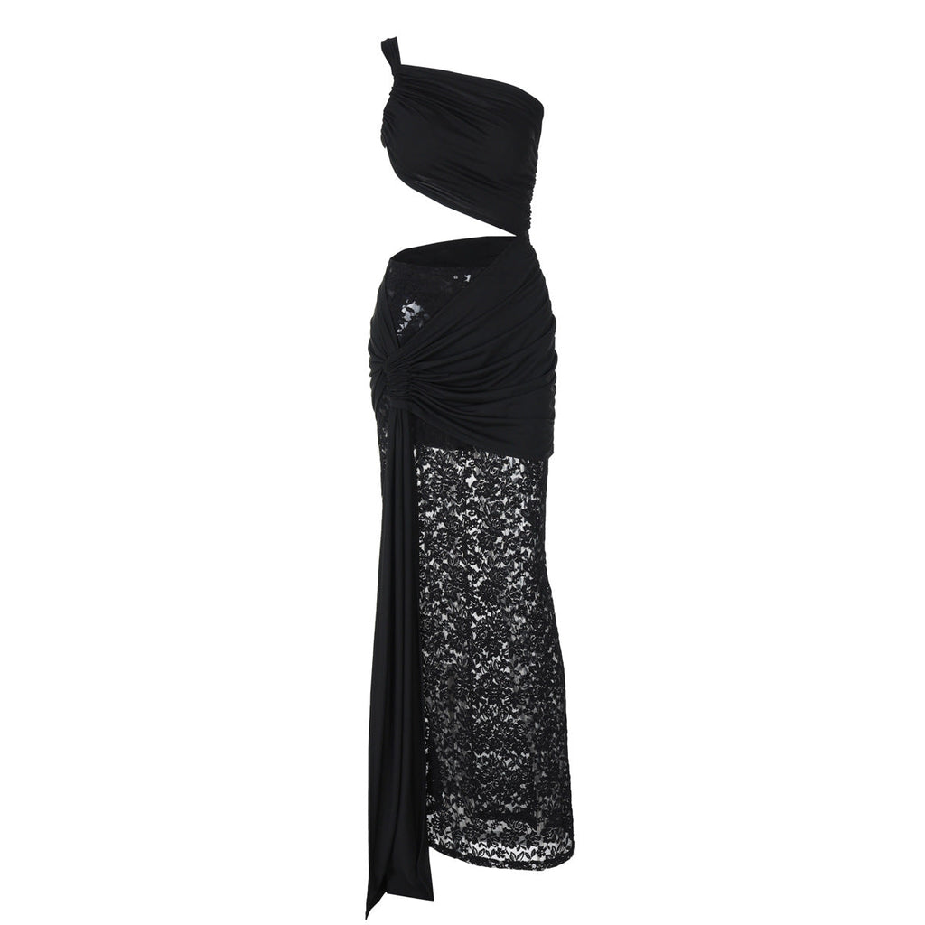 Damen Elegantes Maxikleid mit asymmetrischem Design und Spitzenverarbeitung EB