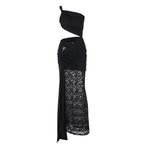 Damen Elegantes Maxikleid mit asymmetrischem Design und Spitzenverarbeitung EB