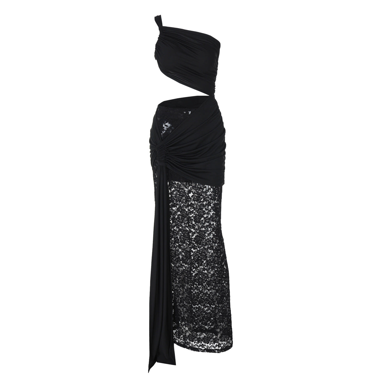 Damen Elegantes Maxikleid mit asymmetrischem Design und Spitzenverarbeitung EB