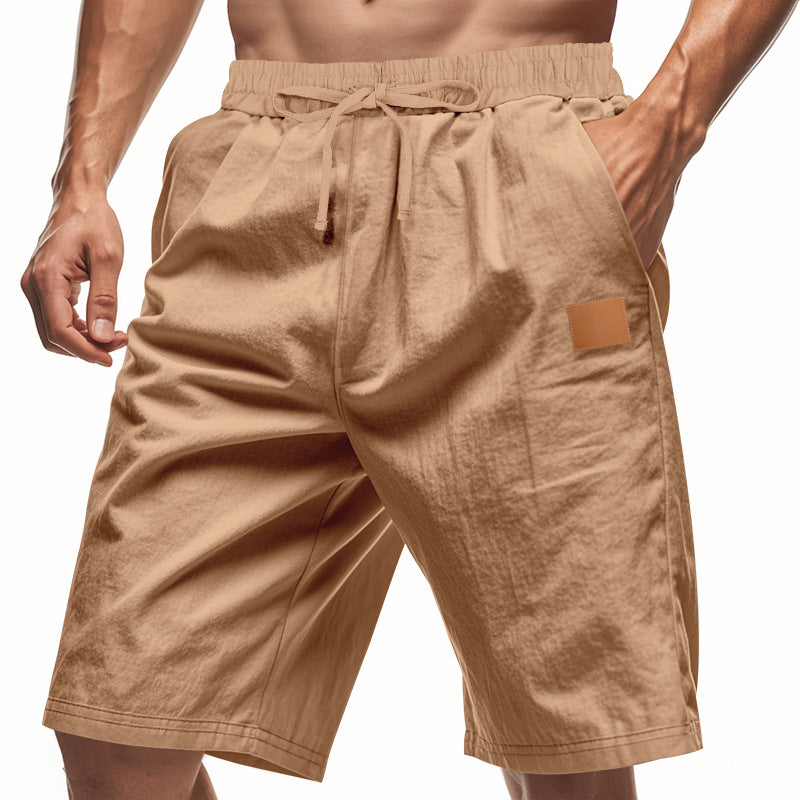 Herren nan leichte Freizeit-Bermudashorts mit Elastikbund, Kordelzug und dezenter Lederapplikation EB