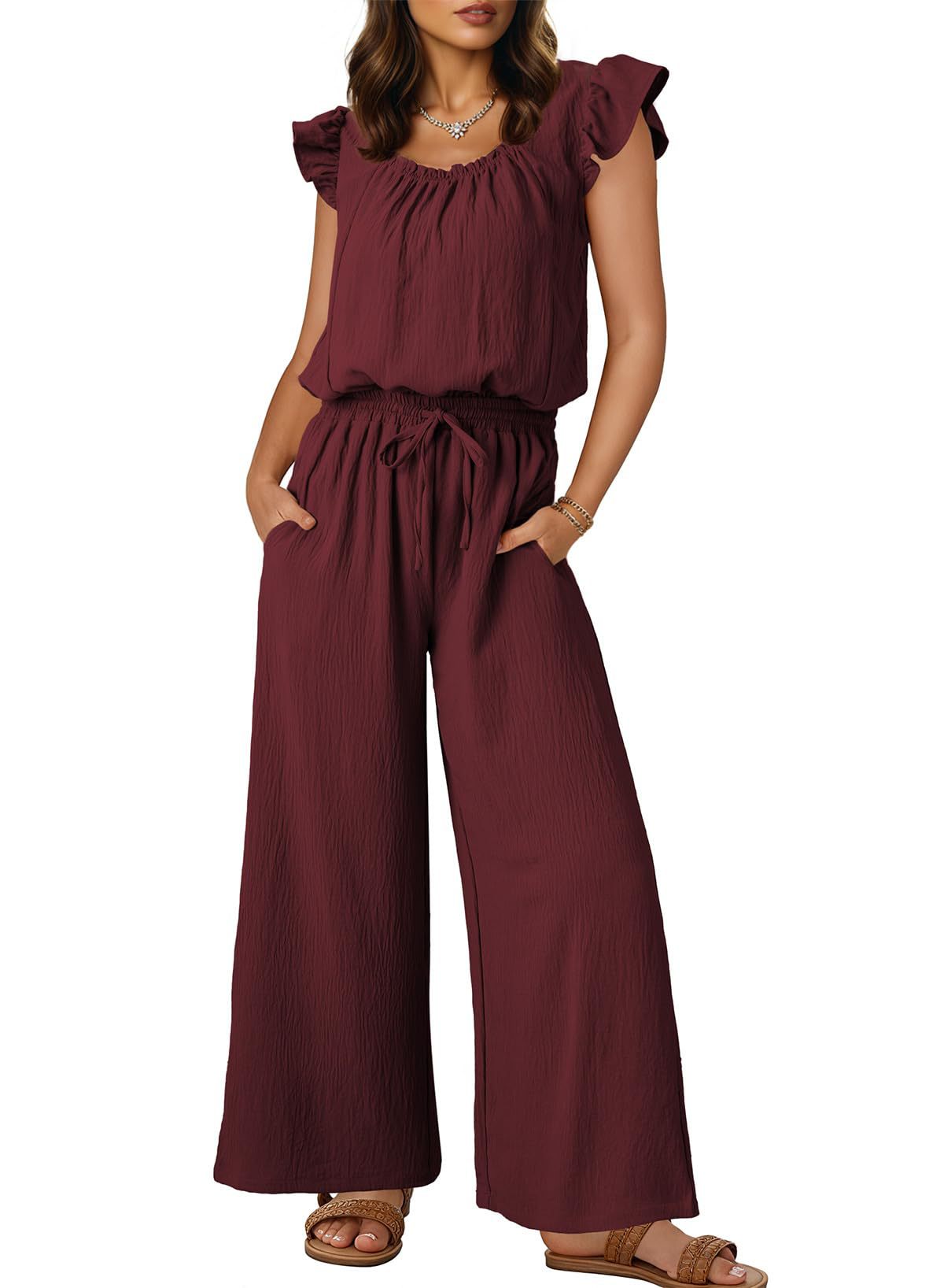 Damen-Crinkle-Jumpsuit mit weitem Bein, elastischem Bund und gerüschten Ärmeln