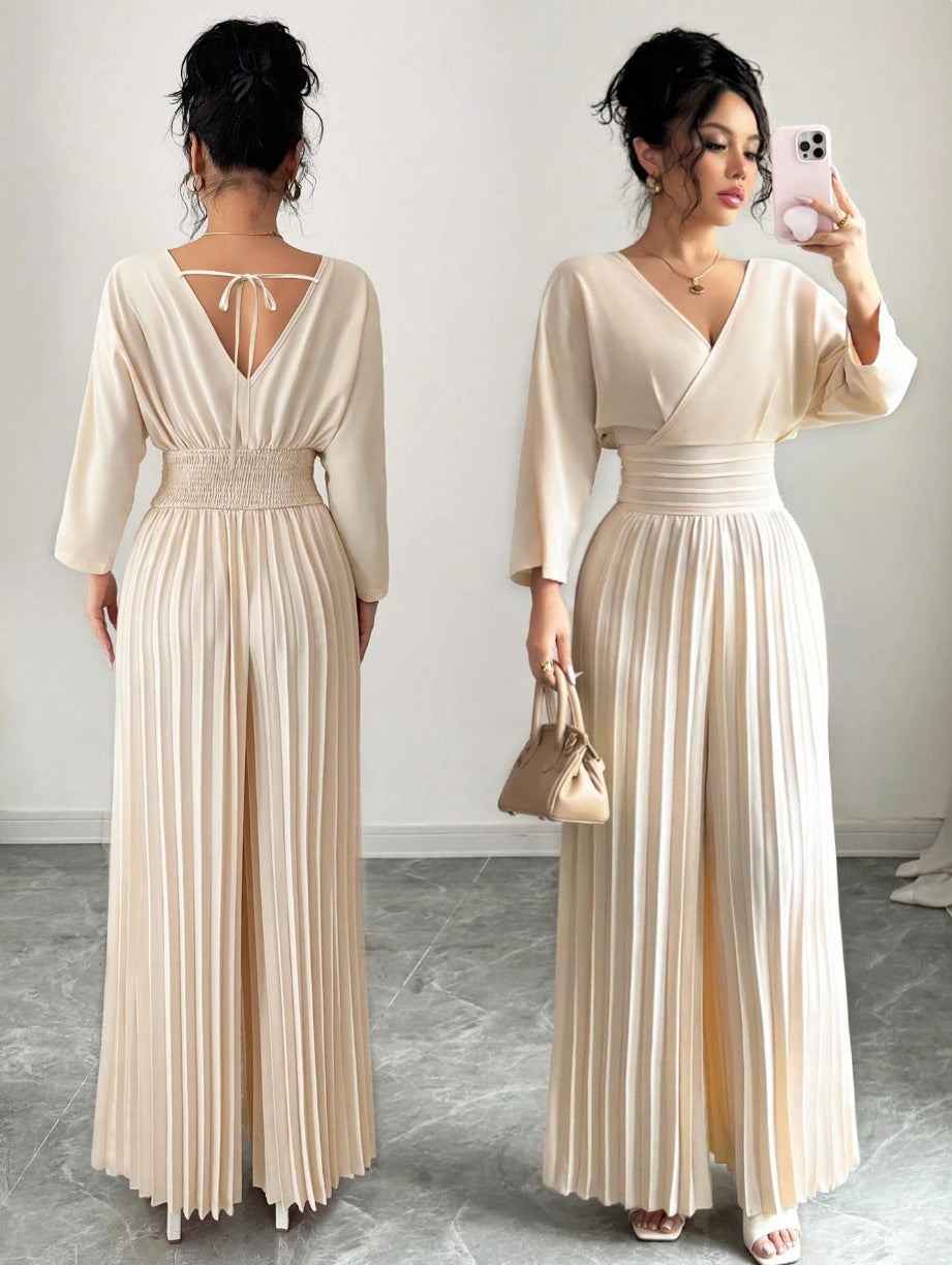 Eleganter Damen-Plissee-Jumpsuit mit V-Ausschnitt