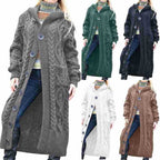 Damen Langer Strickmantel mit Kapuze und klassischem Zopfdesign EB