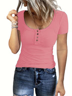 Damen Figurbetontes Kurzarmshirt mit strukturiertem Rippdesign und Knopfleiste EB