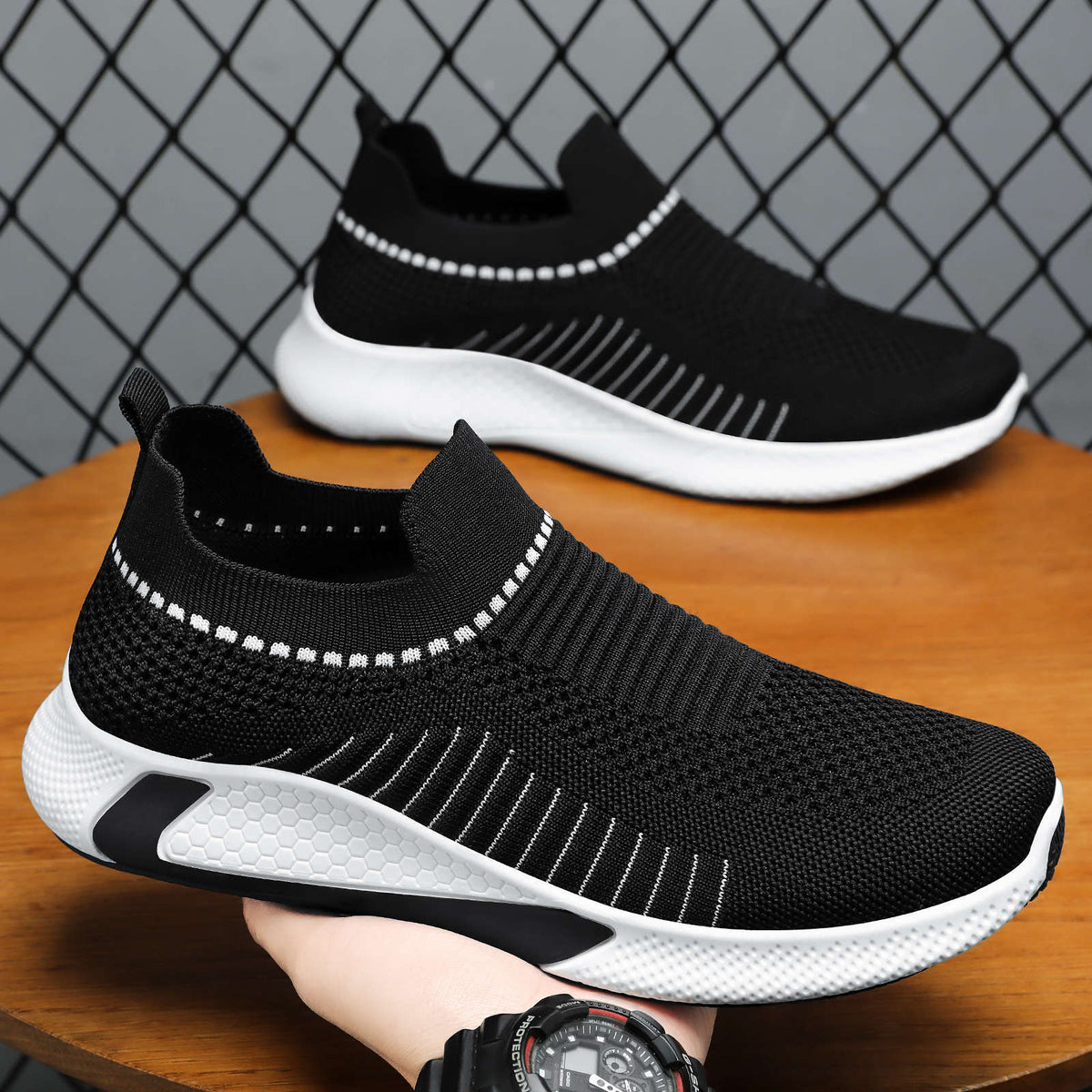 Unisex nan nahtloser Strick-Slip-On Laufschuh mit sockenähnlichem Schaft und hexagonaler Dämpfungssohle EB