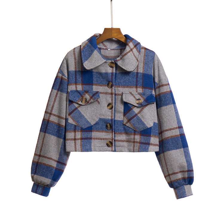 Damen Karierte Short-Jacke mit zwei aufgesetzten Taschen und Knopfdetails EB