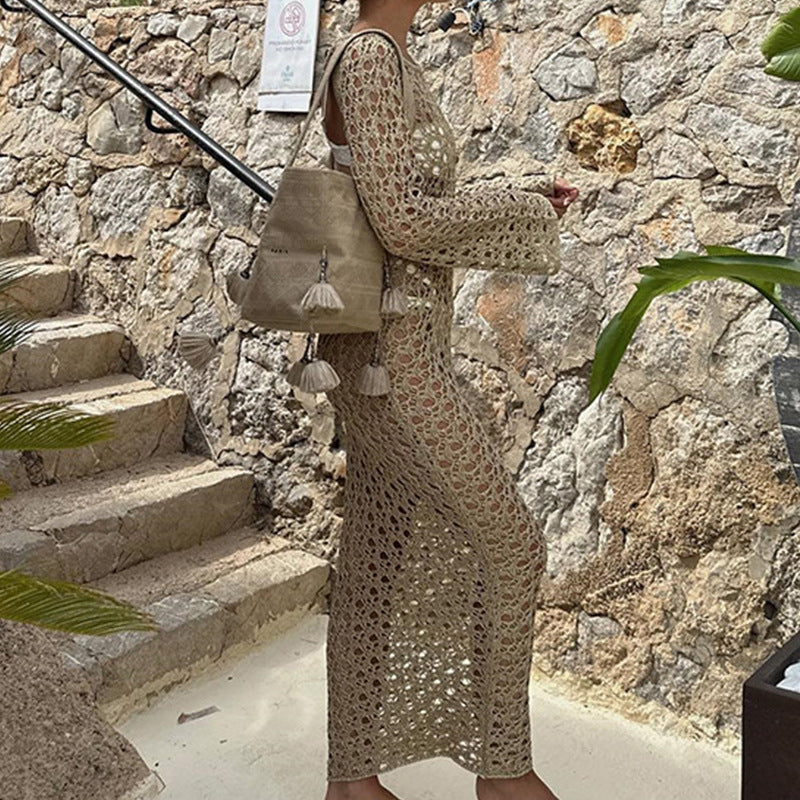 Damen Elegantes Häkel-Maxikleid mit weitem Schnitt und feinen Details EB