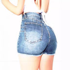 Damen Hoch taillierte Denim-Shorts mit fransigem Saum und figurschmeichelndem Schnitt EB
