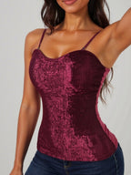Damen elegantes Spaghettiträgershirt mit luxuriösem Paillettenbesatz und feinem Rippstrick EB