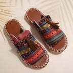 Damen bequeme Tangle-Sandalen mit buntem Stickdesign und Quasten EB