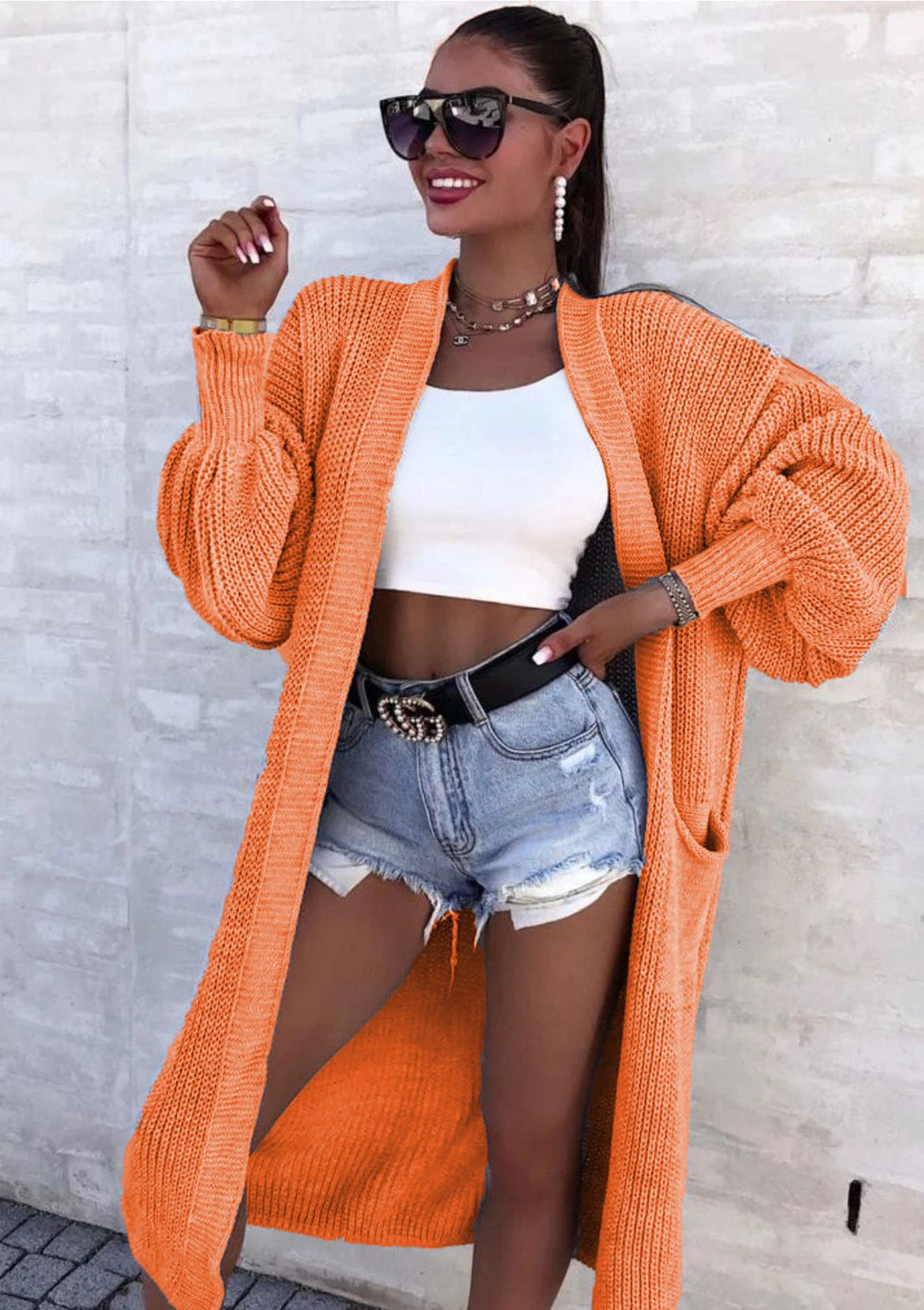 Damen Langer Strickmantel mit oversized Ärmeln und praktischen Taschen EB
