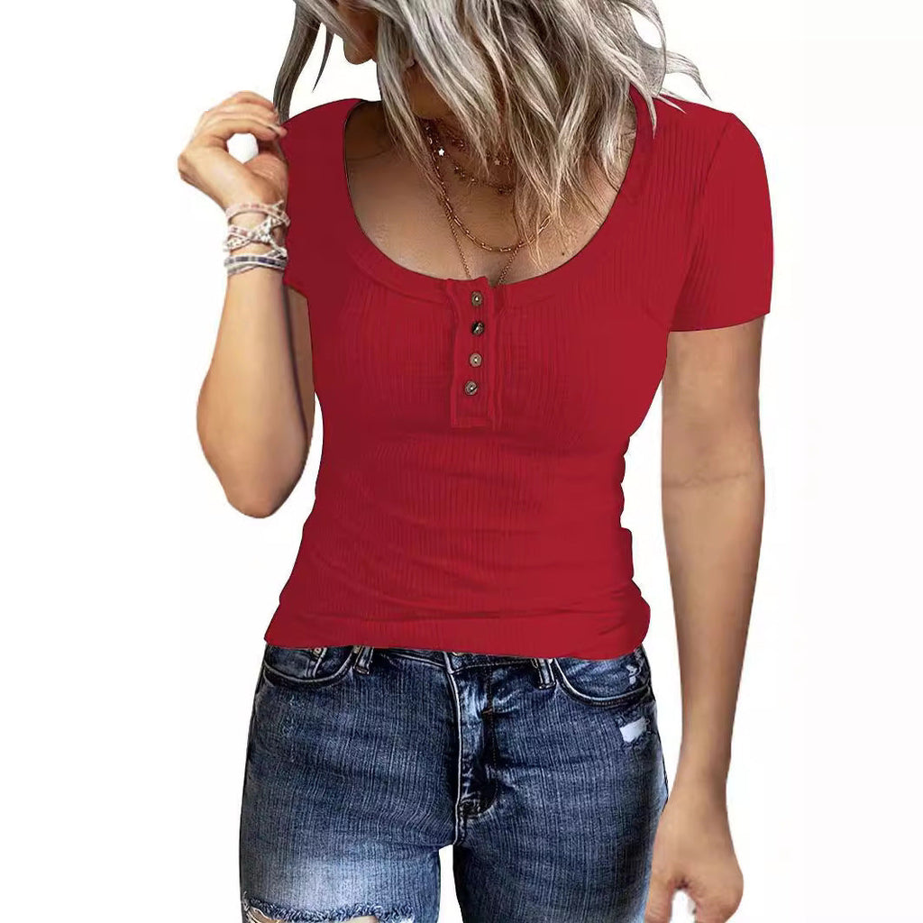 Damen Figurbetontes Kurzarmshirt mit strukturiertem Rippdesign und Knopfleiste EB