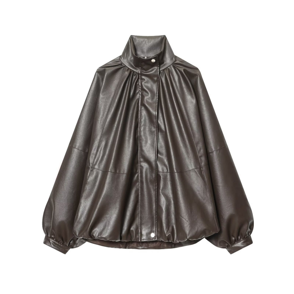Damen Kunstlederjacke mit voluminösen Ärmeln und gewelltem Design EB