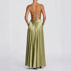 Damen Elegantes Maxi-Kleid mit fließendem Satin und verführerischem Spaghettiträger EB
