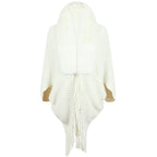 Damen luxuriöser Strickponcho mit elegantem Kunstfellkragen und Fransen EB