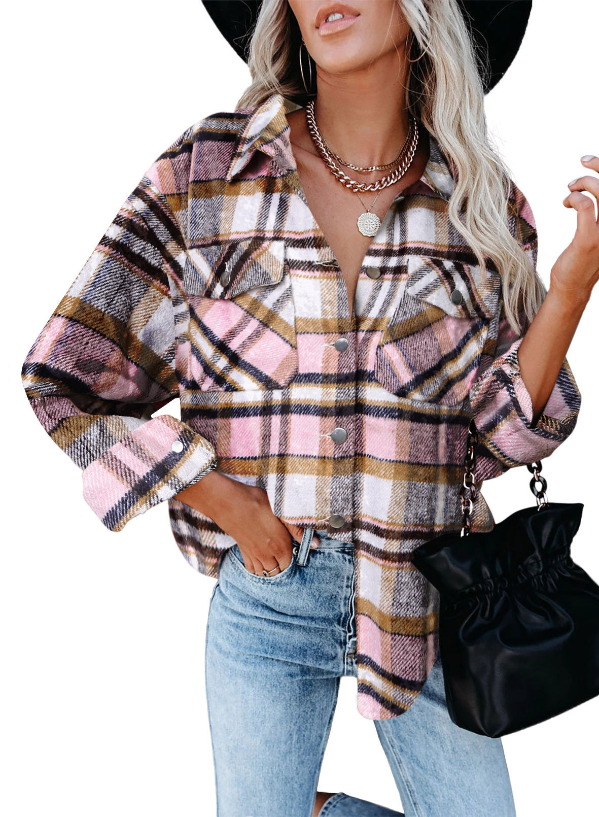 Damen Karo-Hemdenjacke im Oversized-Stil mit Druckknopfverschluss EB