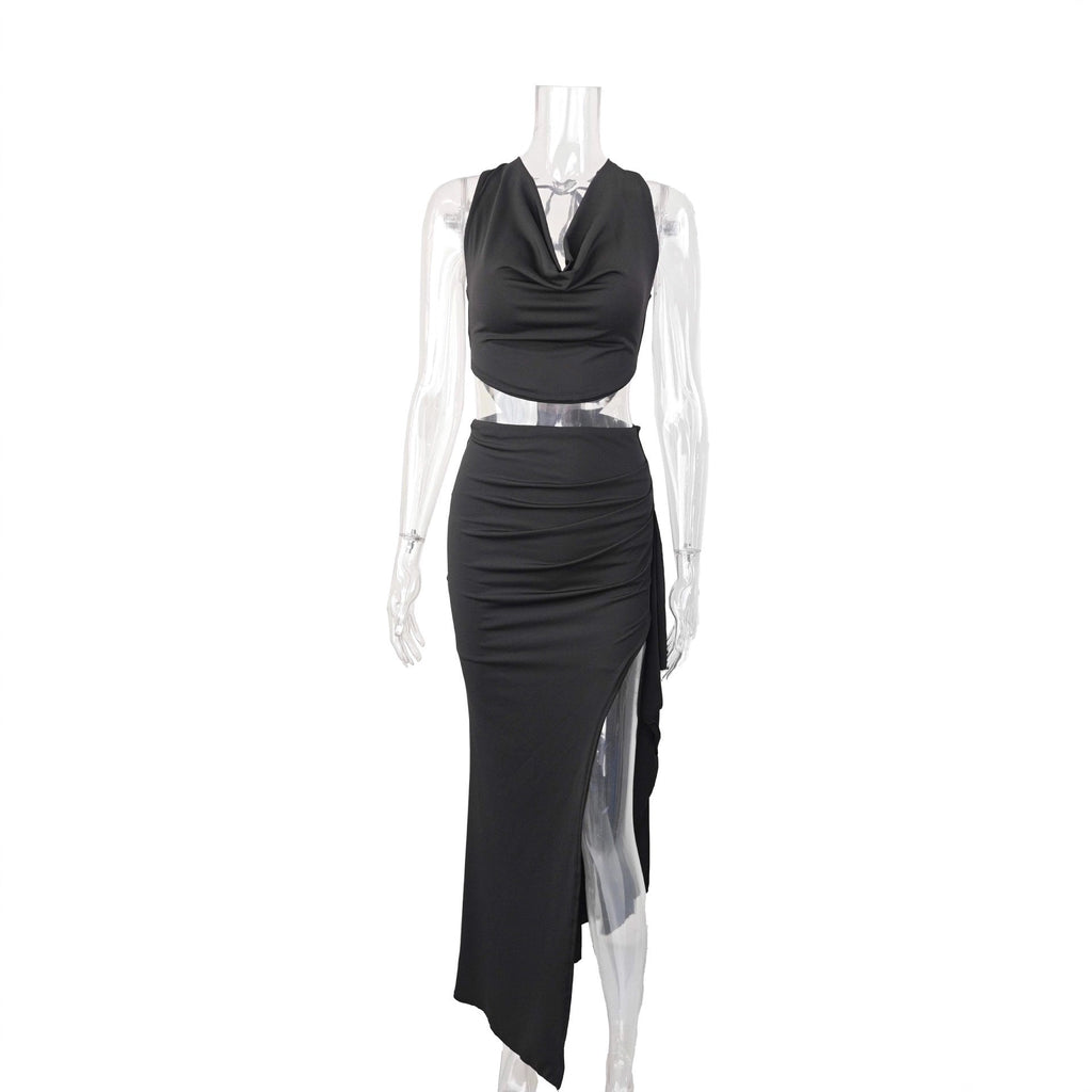 Damen Elegantes Crop-Top und Maxi-Rock Set mit hohem Schlitz EB