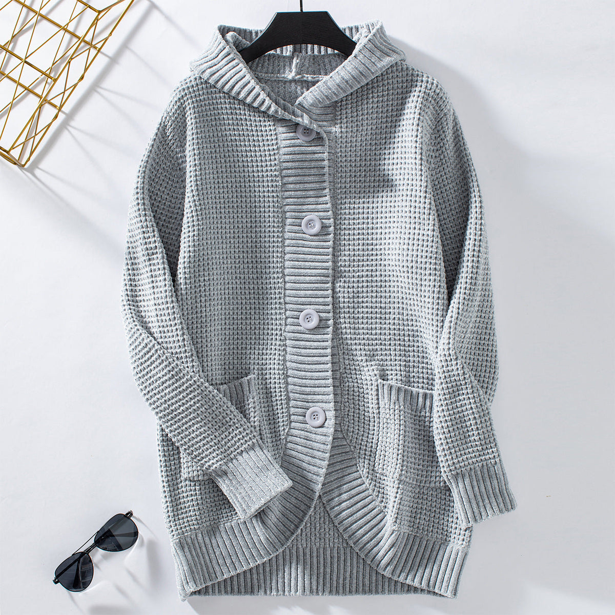Damen lässiger Strickmantel mit Kapuze EB