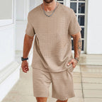 Herren nan Waffelstruktur Wohn- und Freizeit-Set mit weit geschnittenem Kurzarmshirt und kurzer Hose mit elastischem Bund EB