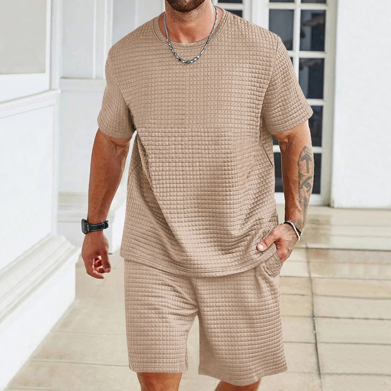 Herren nan Waffelstruktur Wohn- und Freizeit-Set mit weit geschnittenem Kurzarmshirt und kurzer Hose mit elastischem Bund EB