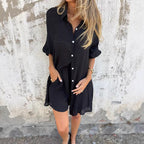 Damen legeres Baumwoll-Shorts-Set mit oversized Hemd und elastischem Bund EB