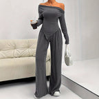 Damen figurbetontes Jumpsuit mit asymmetrischem Ausschnitt und langen Ärmeln EB