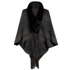 Damen eleganter Poncho mit luxuriösem Kunstfellkragen und fransigem Saum EB