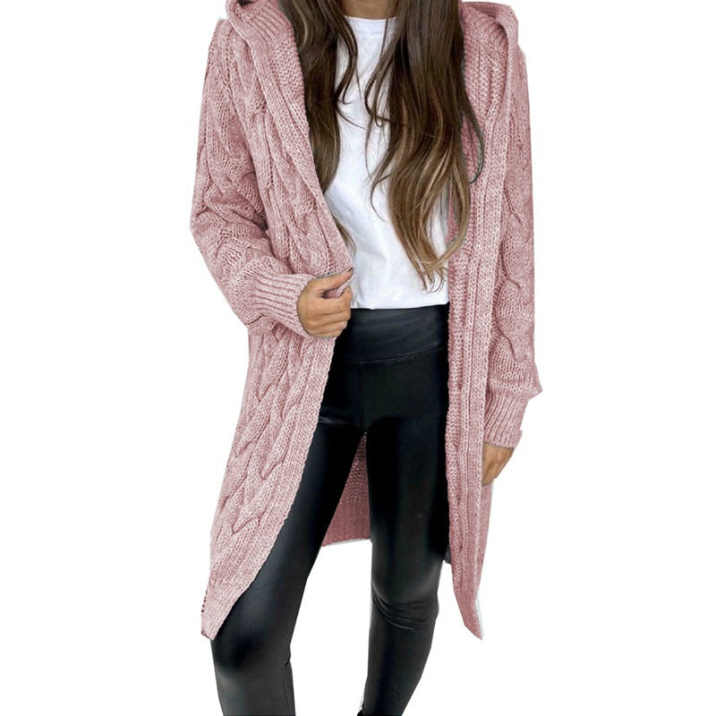 Damen Langer Strickmantel mit strukturiertem Zopfdesign und praktischer Kapuze EB
