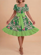 Damen A-Linien-Kleid mit floralen Motiven und taillierbarem Gürtel EB