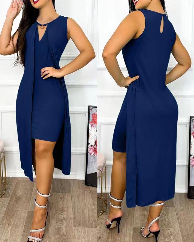 Damen ärmelloses Maxikleid mit tiefem V-Ausschnitt und seitlichem Schlitz EB