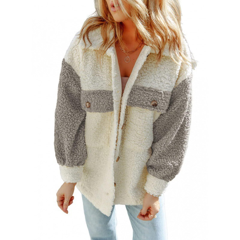 Damen kuschelige Teddyjacke mit praktischen Brusttaschen EB