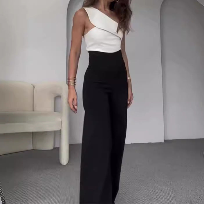 Damen Einseitiger Jumpsuit mit weitem Bein und dekorativem Ausschnitt EB