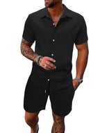 Leichtes Herren-Kurzarmhemd mit offenem Kragen und passender Shorts aus strukturiertem Baumwollmix