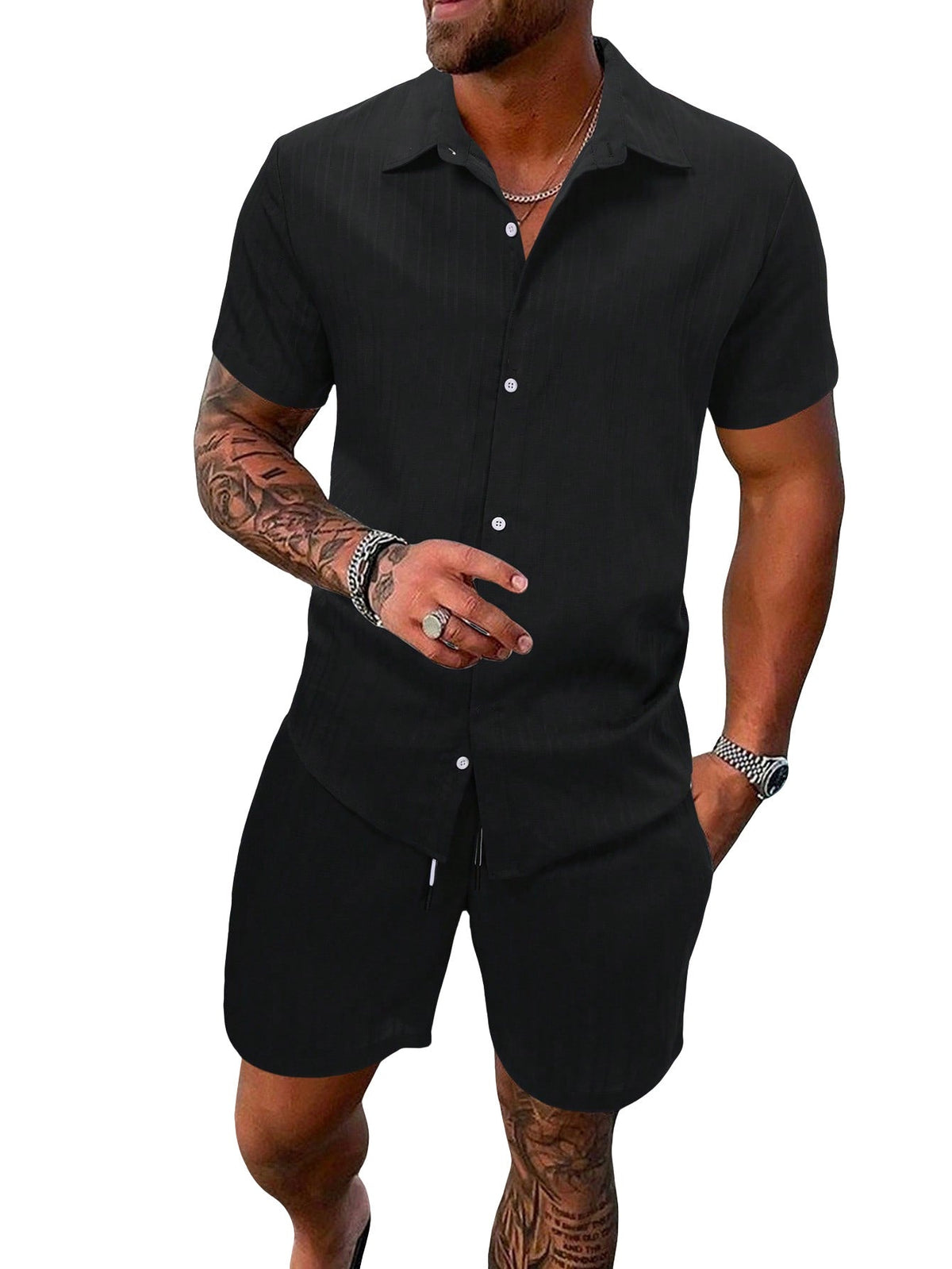 Leichtes Herren-Kurzarmhemd mit offenem Kragen und passender Shorts aus strukturiertem Baumwollmix