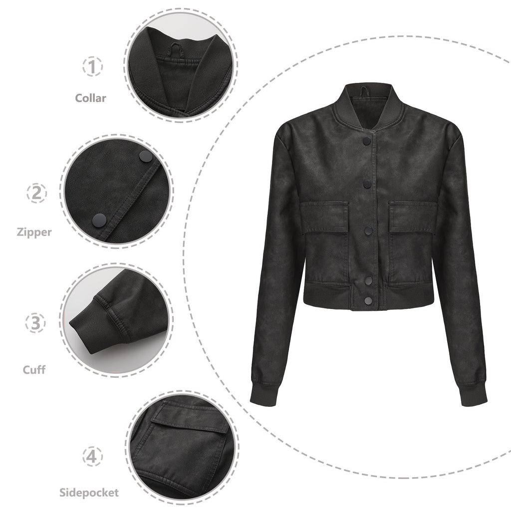 Damen Kunstleder Bomberjacke mit praktischen Taschen und elastischen Bündchen EB
