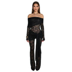 Damen Elegantes Spitzen-Jumpsuit mit schulterfreiem Design und Wickeleffekt EB