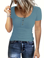 Damen Figurbetontes Kurzarmshirt mit strukturiertem Rippdesign und Knopfleiste EB
