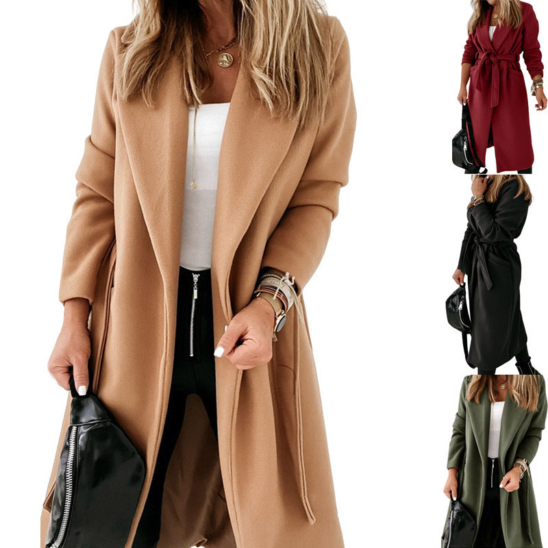 Damen Eleganter und gemütlicher Mantel mit Gürtel und Taschen EB