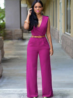 Damen Eleganter Wickel-Jumpsuit mit weitem Bein und Taillengürtel EB