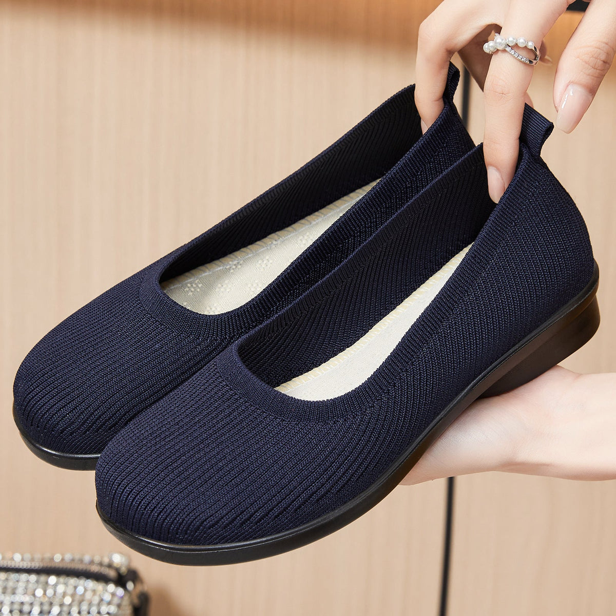 Damen Bequeme Strick-Ballerinas mit elastischem Einstieg EB