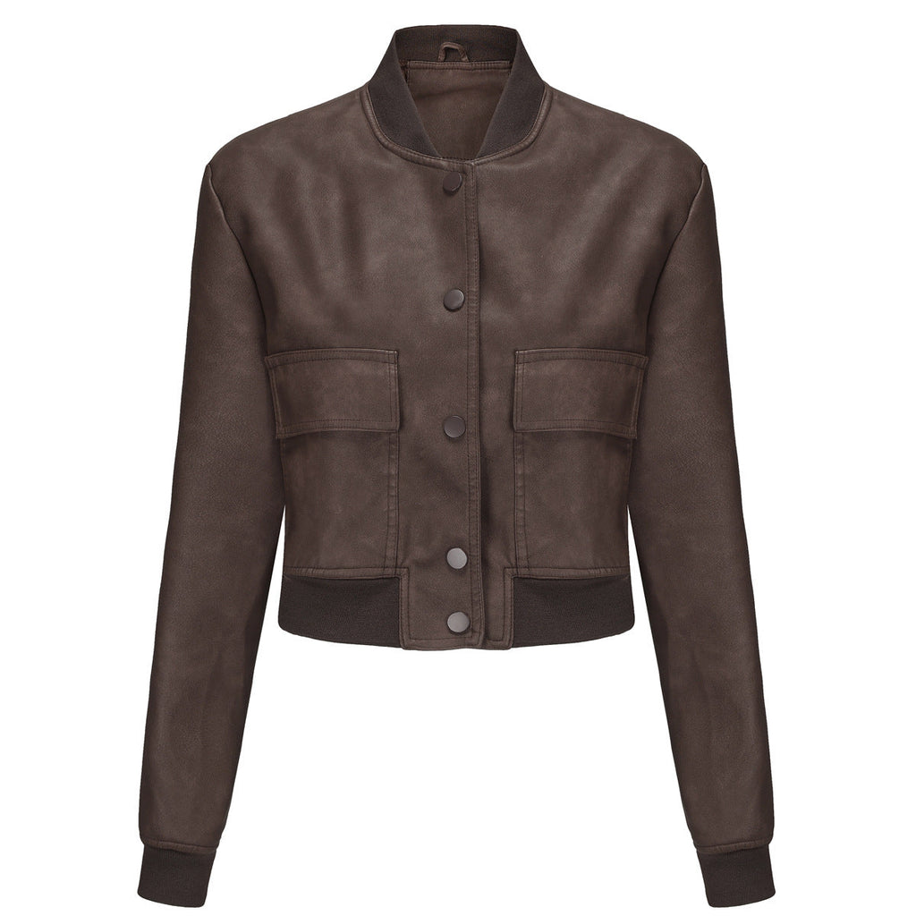 Damen Kunstleder Bomberjacke mit praktischen Taschen und elastischen Bündchen EB