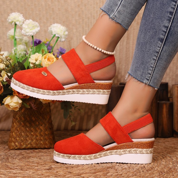 Damen Bequeme Espadrilles mit elastischen Riemen und dekorativem Bastbesatz EB